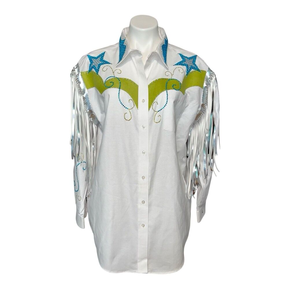 Vintage Western Shirt Fringe White Long Sleeve Rodeo Sequin Embroidered